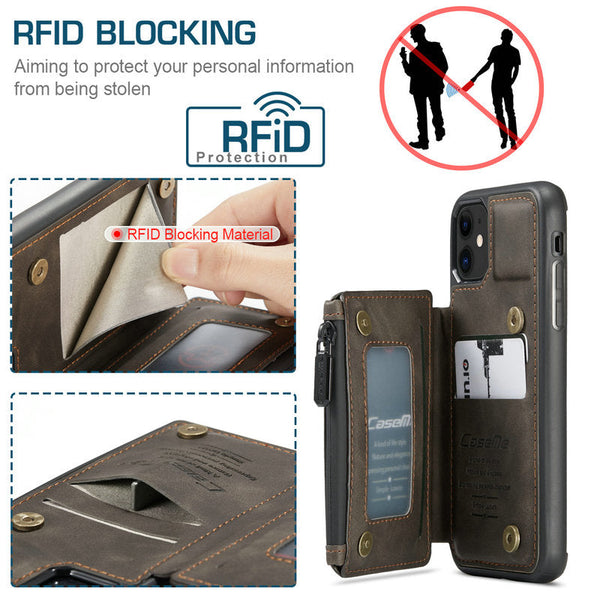 Slim Zipper Card Holder iPhone Wallet Case (coffee), showcasing pockets and RFID protection.