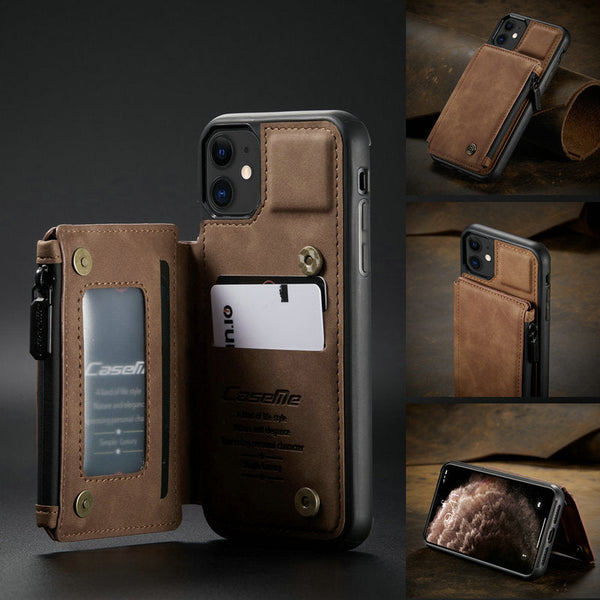 Slim Zipper Card Holder iPhone Wallet Case (brown), showcasing pockets and features.