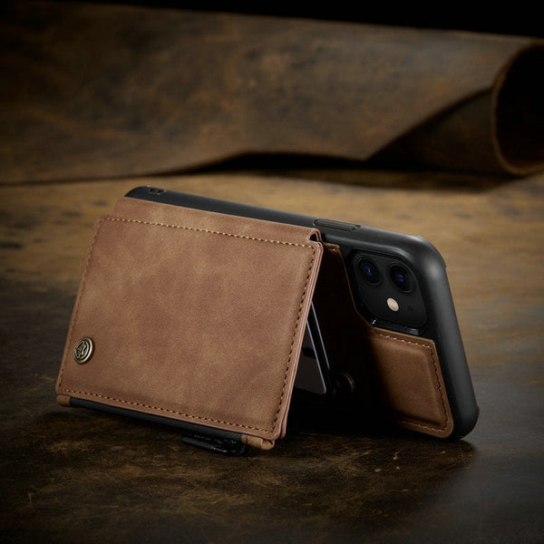 Slim Zipper Card Holder iPhone Wallet Case (brown), showing viewing stand deployed.