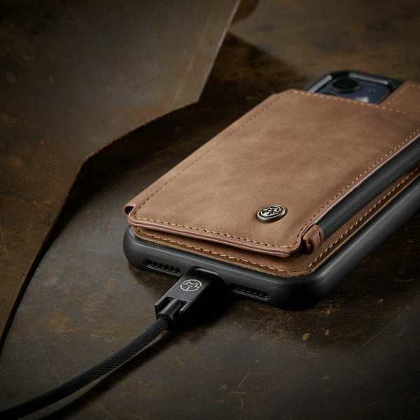 Slim Zipper Card Holder iPhone Wallet Case (brown), showing charging port.