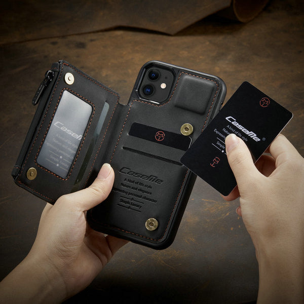 Slim Zipper Card Holder iPhone Wallet Case (black), showcasing card slots.