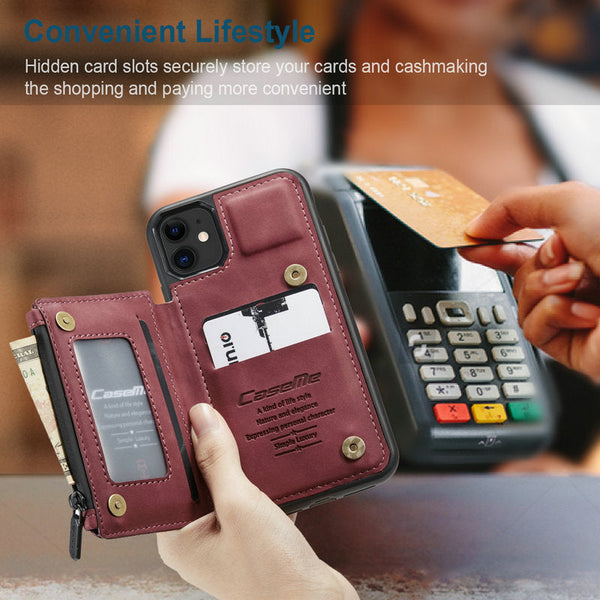 Slim Zipper Card Holder iPhone Wallet Case (red), showing inside pockets and side pouch.