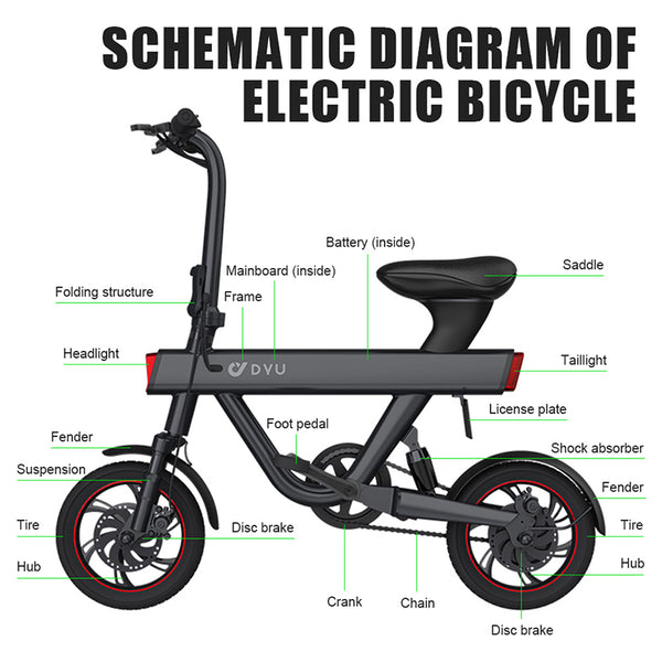 Electric Folding City Bike - 250W 12 Inch 36V 10Ah 40KM Range, schematic diagram showing physical features