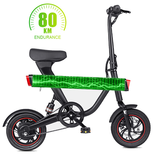 Electric Folding City Bike - 250W 12 Inch 36V 10Ah 40KM Range, battery schematic showing max rated endurance.