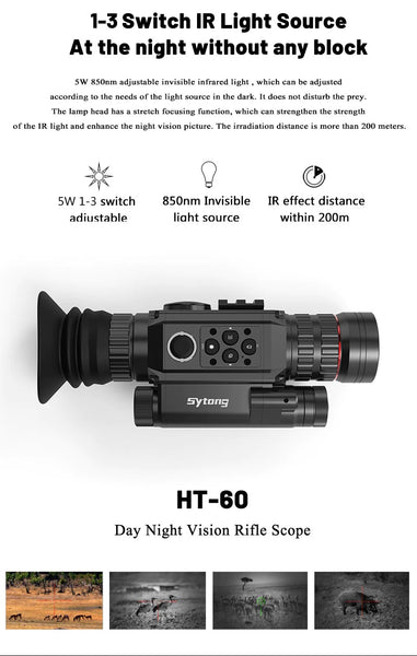 Sytong HT-60 Digital Day/Night Vision Monocular in a graphic illustrating the 4-state IR illuminator switch: Off, Low intensity, Medium intensity and High intensity