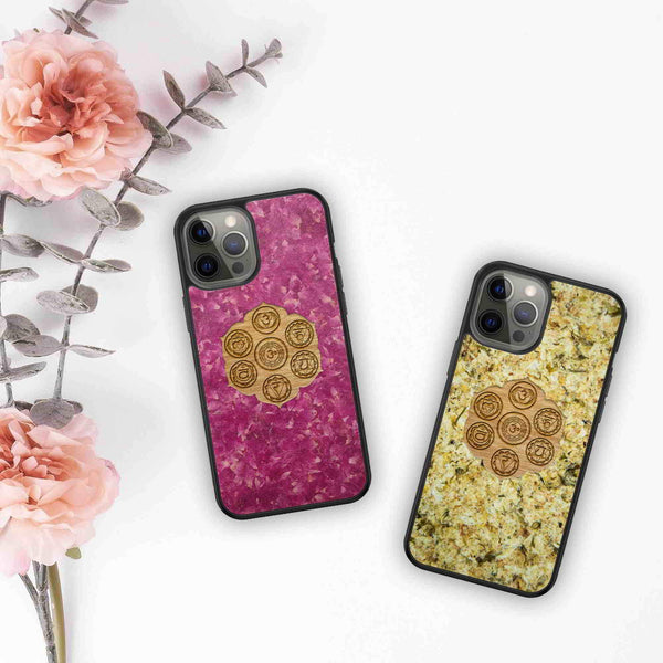 Organic Mobile Phone Case - The Seven Chakra Symbols - Jasmine, shown with another model