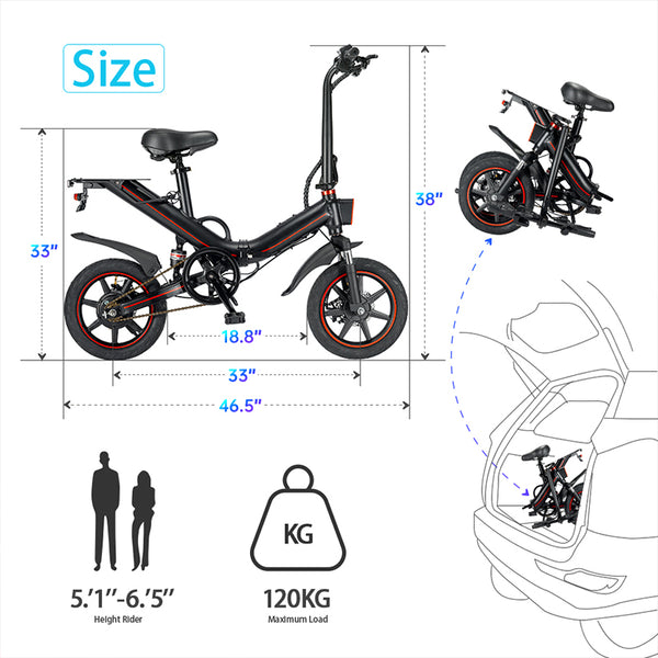 Electric Folding City Bike, showing physical dimensions, weight, folding and stowage.
