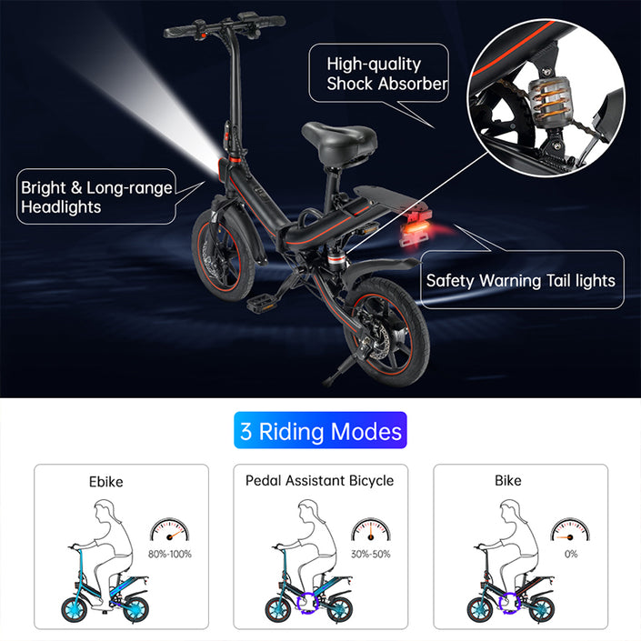 Electric Folding City Bike, showcasing physical features and riding modes