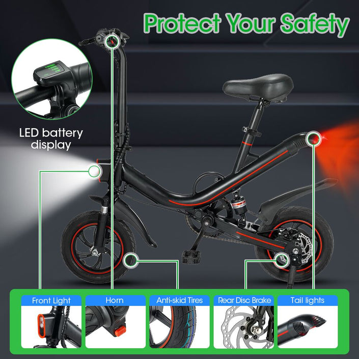 Electric Folding City Bike - 350W 12 Inch 36V 7.5Ah 70KM Range, showcasing safety features