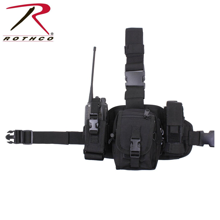 Rothco's Drop Leg Utility Pouch Rig (Invisible Black), front view showing adjustable waist belt attachment and leg straps with side-release buckles, main center pouch and two accessory pouches.
