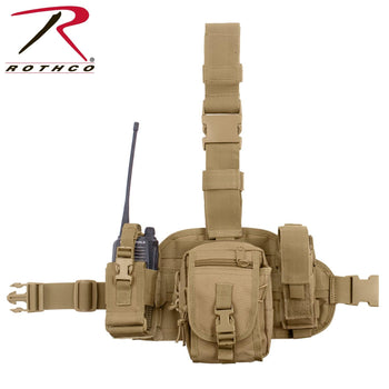 Rothco's Drop Leg Utility Pouch Rig (Coyote Brown), front view showing adjustable waist belt attachment and leg straps with side-release buckles, main center pouch and two accessory pouches.