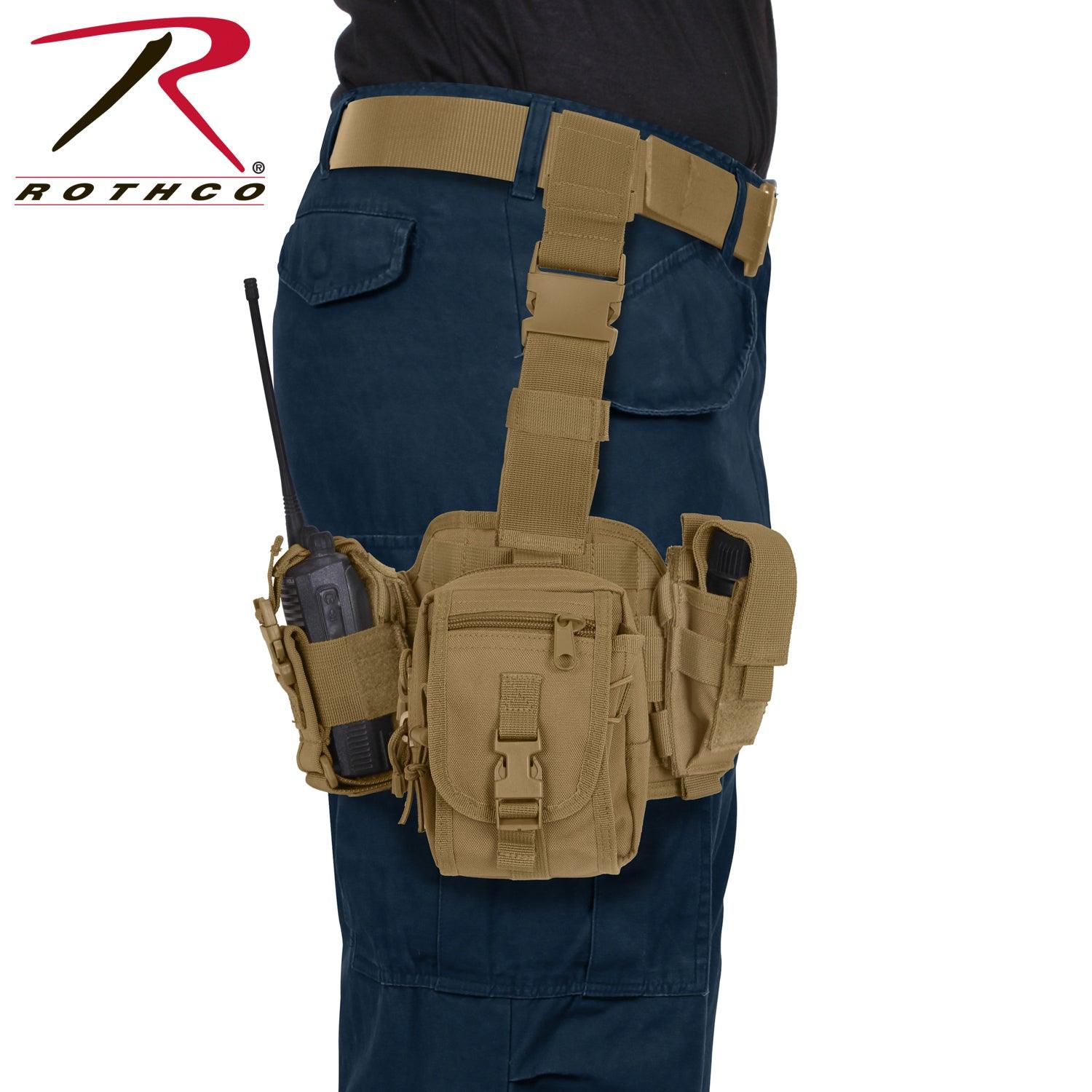 Rothco's Drop Leg Utility Pouch Rig (Coyote Brown), front view showing the product in use.