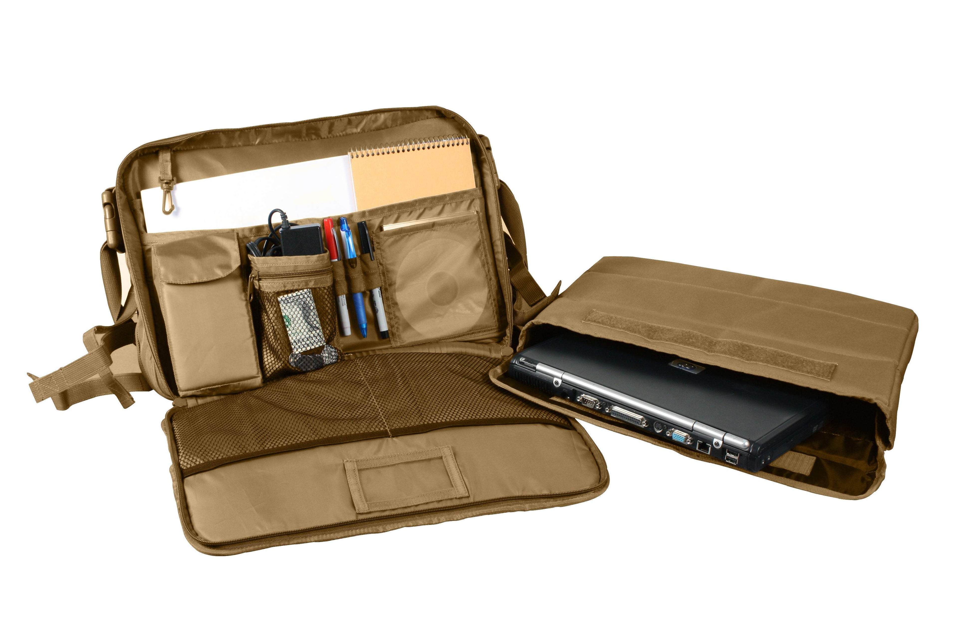 Rothco's MOLLE Tactical Laptop Briefcase Computer Bag (Coyote Brown) in the open configuration showing removable padded laptop sleeve and interior file and organizer compartments.