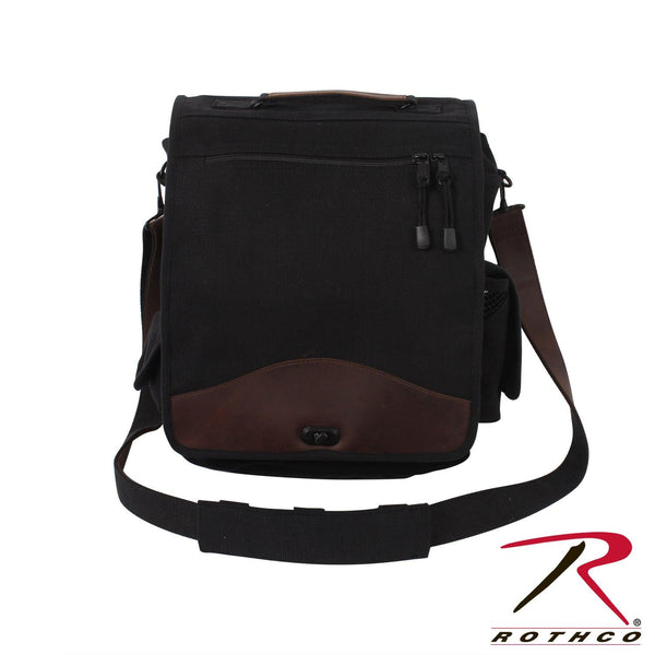 Rothco's Vintage M-51 Engineer's / Birdwatching Bag (Black), front view in the closed configuration showing top handle, detachable shoulder sling, main weather flap with zippered compartment and brass closure, side pockets and leather accents.
