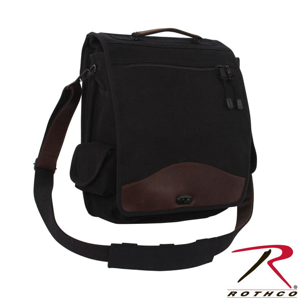 Rothco's Vintage M-51 Engineer's / Birdwatching Bag (Black), alternate oblique front view in the closed configuration showing top handle, detachable shoulder sling, main weather flap with zippered compartment and brass closure, side pockets and leather accents.