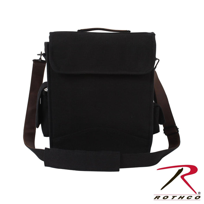 Rothco's Vintage M-51 Engineer's / Birdwatching Bag (Black), rear view in the closed configuration showing top handle, detachable shoulder sling, side pockets and leather accents.