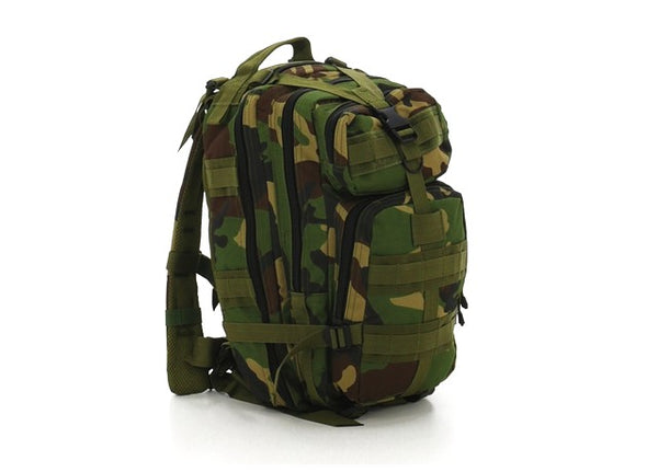 Rothco’s Medium Transport Tactical Backpack (Woodland Camo), oblique view showing padded shoulder straps, lifting handle, the layering of this backpack’s many compartments, one of 2 depth expansion and securing straps, 3 rows of MOLLE utility loops and the rear-facing loop field for morale patches.