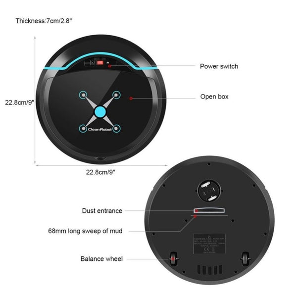 Intelligent Automatic Sweeping Robot Vacuum, detail view showing dimensions and physical features