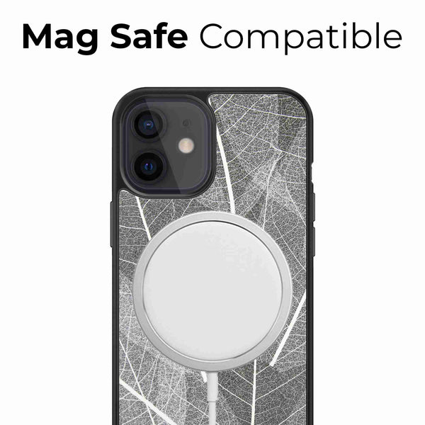 Organic Mobile Phone Case - The Seven Chakra Symbols - Skeleton Leaves, showing Mag Safe compatibility