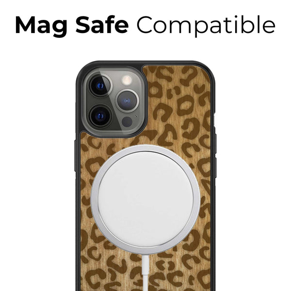Organic Mobile Phone Case - Cheetah Print - Tanganica Wood, showcasing Mag Safe compatibility
