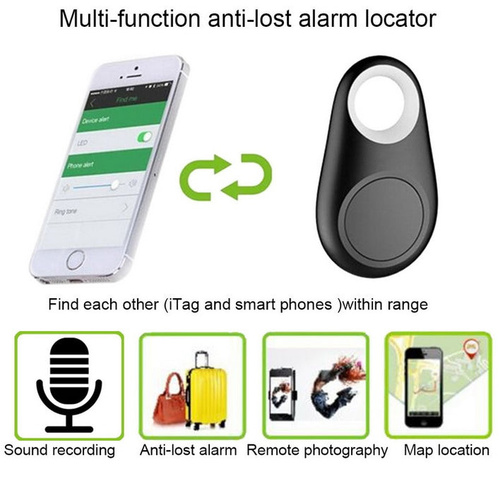 Mini Smart Bluetooth GPS Tracker Tag with Locator Alarm, showcasing mobile app interoperability and functions