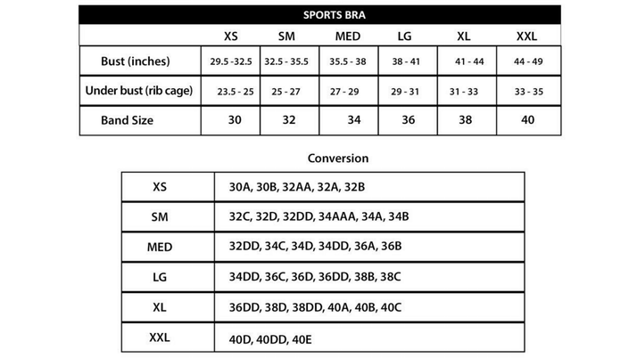 Size Chart for Animal Print Giraffe Padded Black/White Sports Bra
