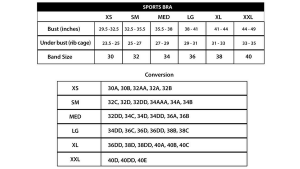 Size Chart for Army Camo Sports Bra