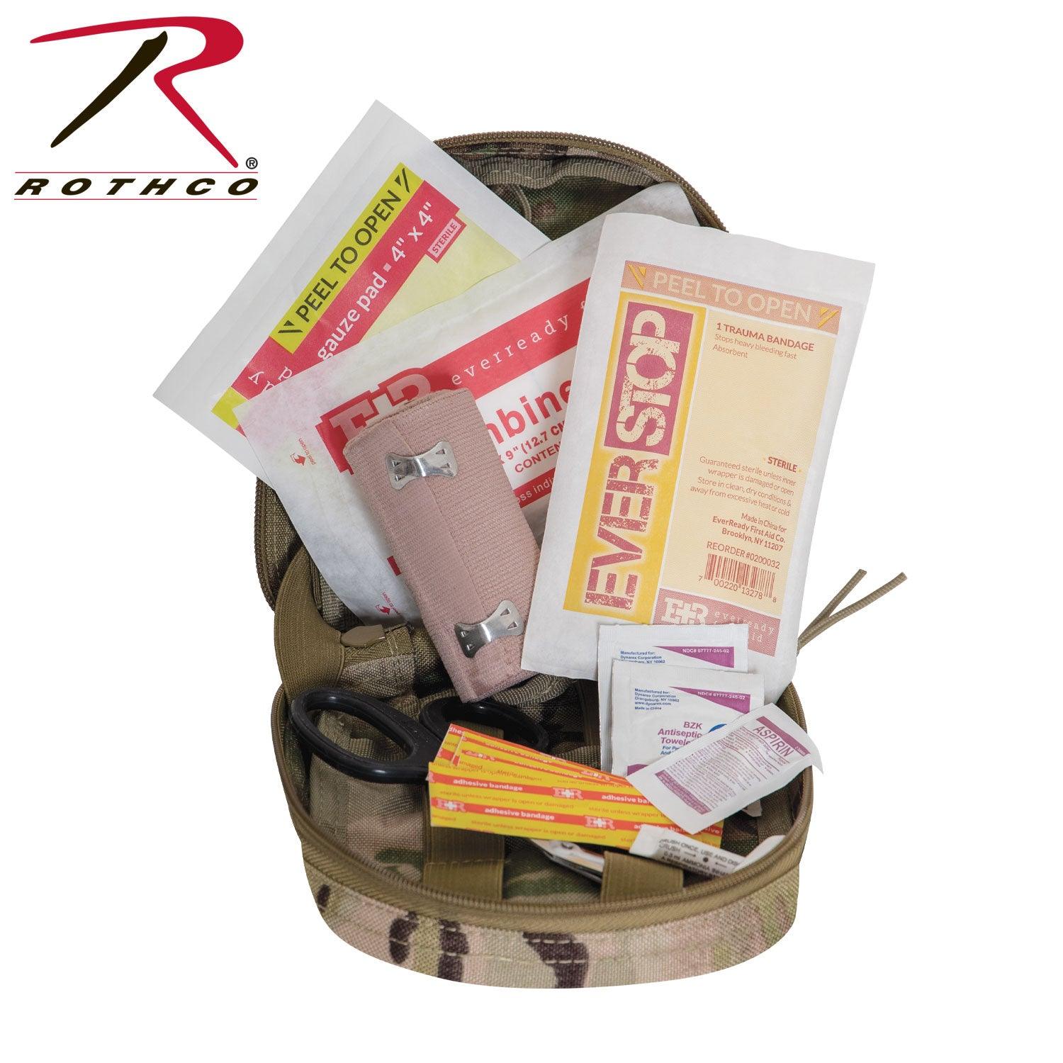 Rothco's MOLLE Tactical Trauma First Aid EMS Medical Kit (MultiCam), side view with pouch open and showing some of the included medical supplies.