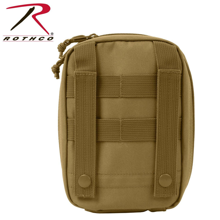 Rothco's MOLLE Tactical Trauma First Aid EMS Medical Kit (brown), rear view showing the MOLLE compatible belt straps and elastic utility loops.