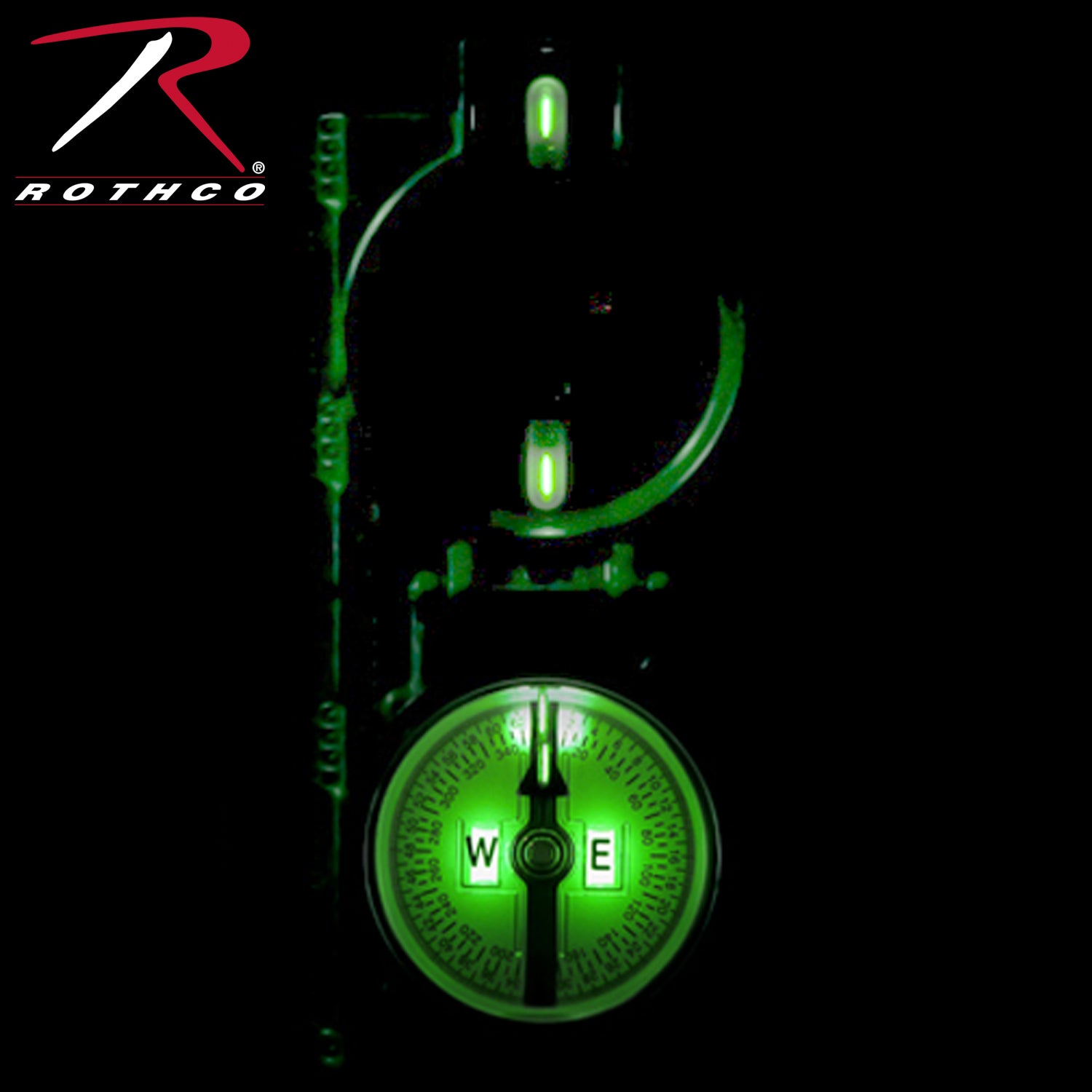 Cammenga Military Tritium Lensatic Compass, top night view showing the dial, needle and seven radioluminescent markers.