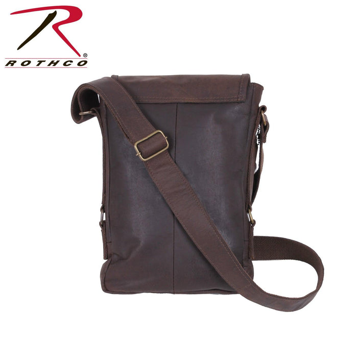 Rothco's Brown Leather Military Tech Bag, rear view with weather flap closed showing leather rear surface and shoulder sling.