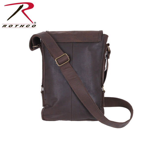 Rothco's Brown Leather Military Tech Bag, rear view with weather flap closed showing leather rear surface and shoulder sling.