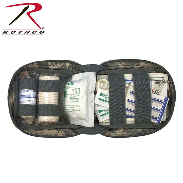 Rothco's MOLLE Tactical Trauma First Aid EMS Medical Kit, top view with pouch open and laid flat and stocked with some of the included medical supplies.