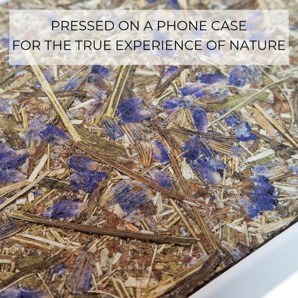 Organic Mobile Phone Case - The Seven Chakra Symbols - Lavender, detail view showing pressed lavender backing