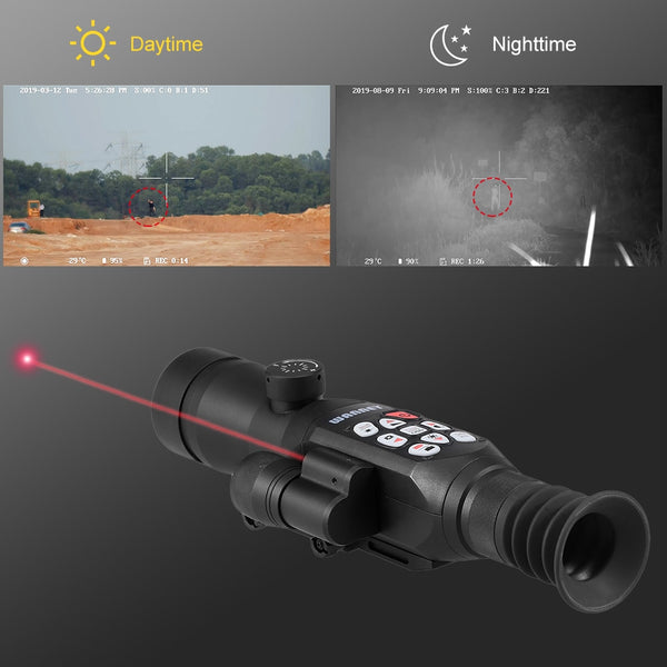 Full Color Night Vision Telescopic Range Finding Monocular, showing day vs night use