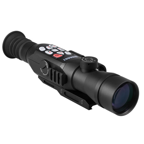 Full Color Night Vision Telescopic Range Finding Monocular, oblique view showing mount for extra IR flashlight