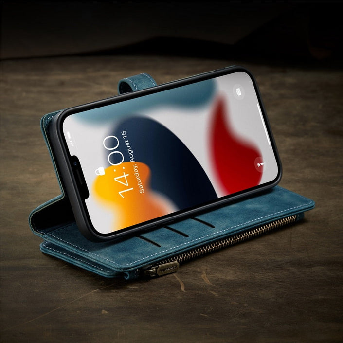 Premium Wallet Case for iPhone X to iPhone 14 (Blue), showcasing theater stand