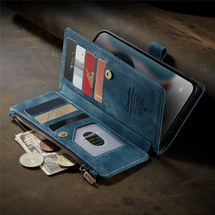 Premium Wallet Case for iPhone X to iPhone 14 (Blue), showcasing card slots and coin pouch
