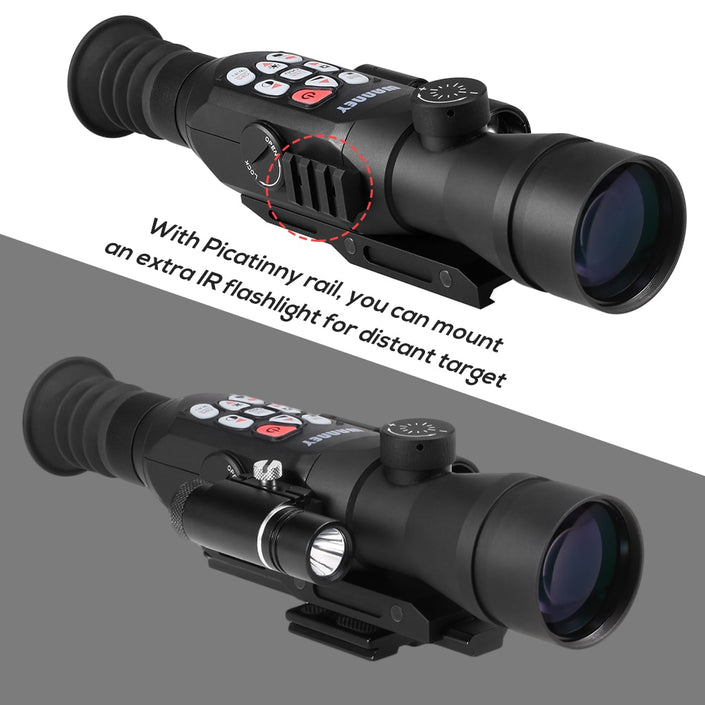 Full Color Night Vision Telescopic Range Finding Monocular, shown in use with an extra IR flashlight (not included)
