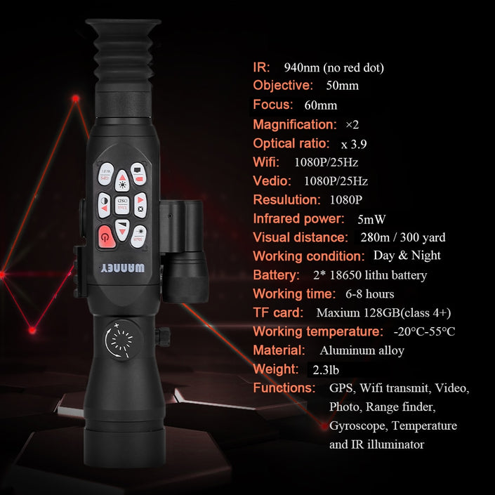 Full Color Night Vision Telescopic Range Finding Monocular, showcasing performance specifications