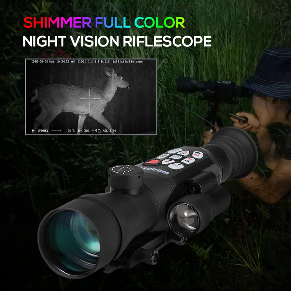 Full Color Night Vision Telescopic Range Finding Monocular, shown in use as a spotting scope