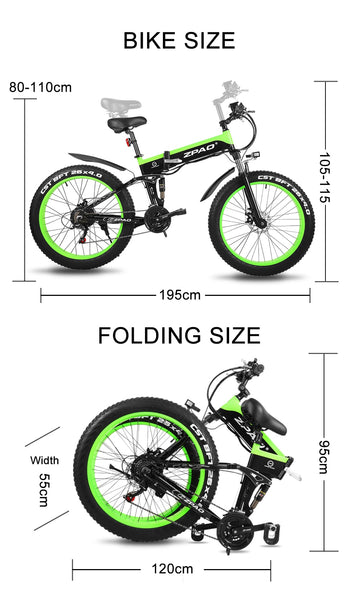 Zpao Electric Foldable Mountain Bike (Green), showing deployed and folded dimensions