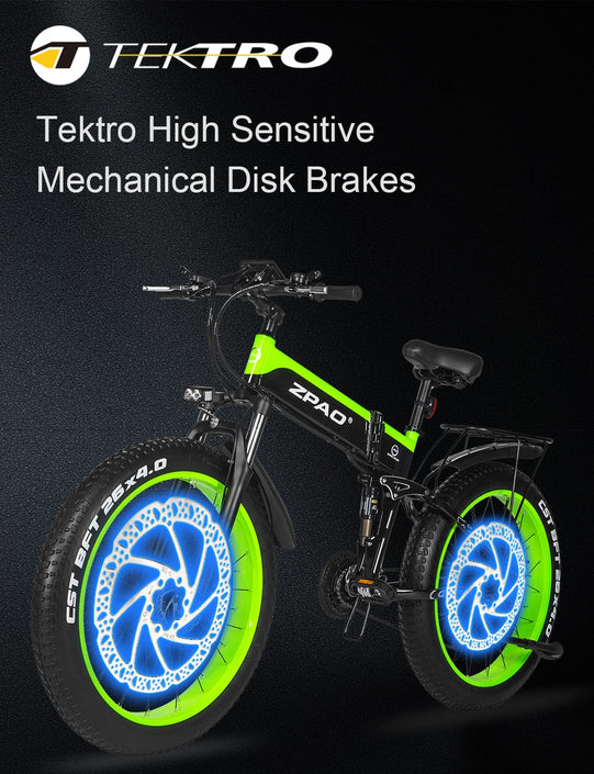 Zpao Electric Foldable Mountain Bike (Green), showcasing Tektro High Sensitive Disc Brakes