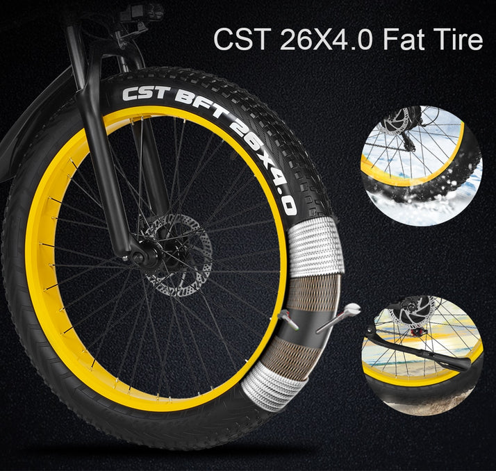 Zpao Electric Foldable Mountain Bike (Yellow), showing CST 26x4.0 Fat Tire