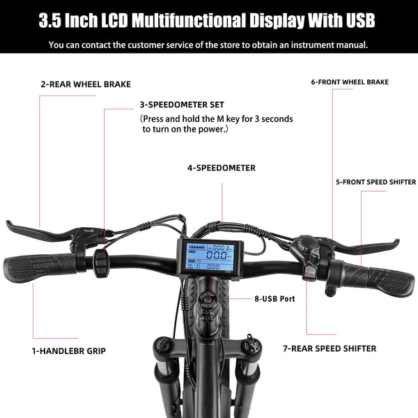 Zpao Electric Foldable Mountain Bike, detail view showing LCD/USB operator display and controls