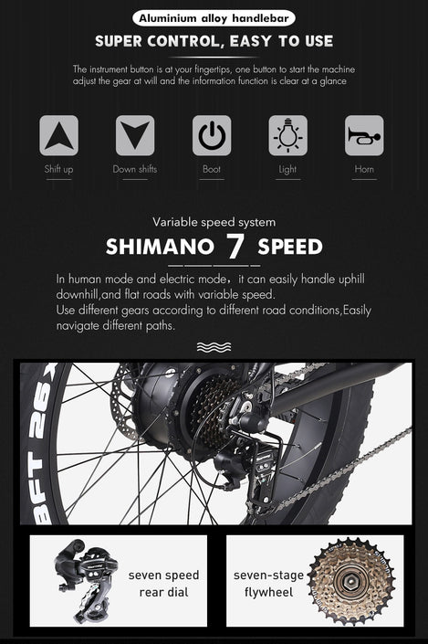 Zpao Electric Foldable Mountain Bike, montage showcasing Shimano 7-speed gear assembly