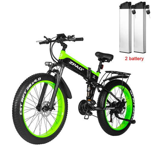 Zpao Electric Foldable Mountain Bike (Green), showing optional 2-battery package