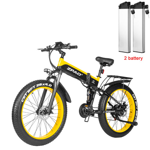 Zpao Electric Foldable Mountain Bike (Yellow), showing optional 2-battery package