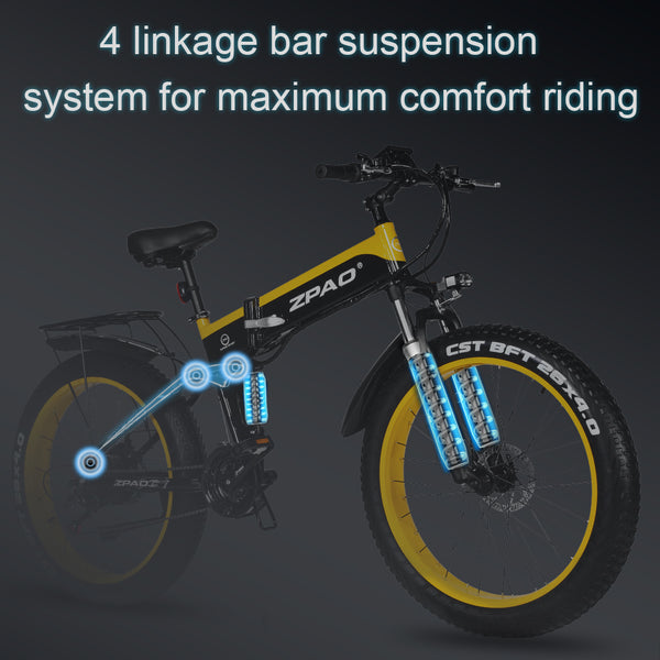 Zpao Electric Foldable Mountain Bike, cutaway view showing 4-linkage bar suspension