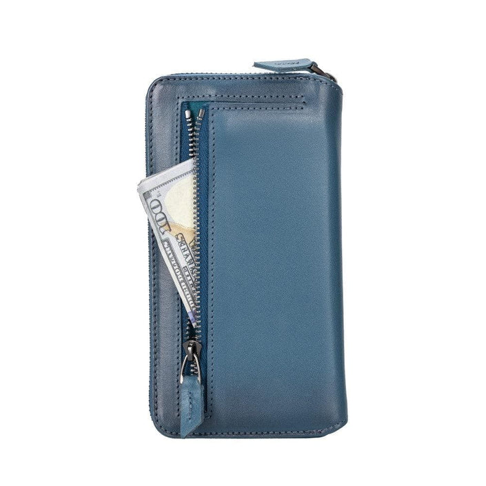 Apple iPhone 14 Series Detachable Zipper Leather Wallet Case (Blue), showcasing exterior zippered compartment